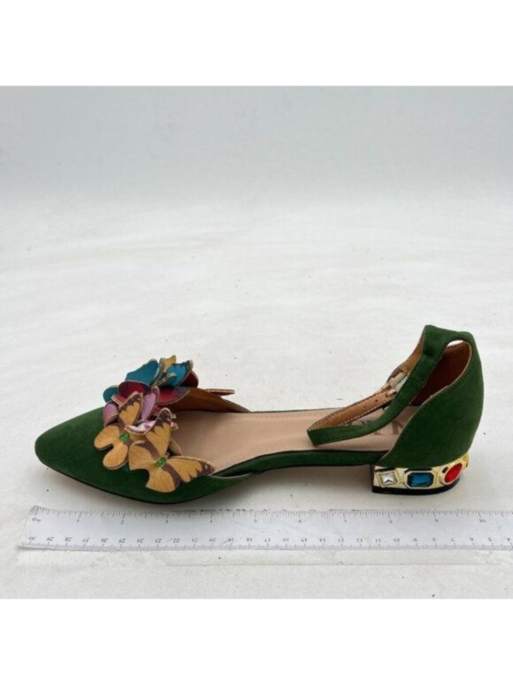 Green Women Crystal Heel Pointed Toe Ankle Strap Butterfly Crystal Bridal Pumps